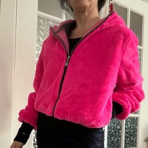 ClubExx/DollsKill faux fur hooded jacket w/embroidered monarch. New with tag.